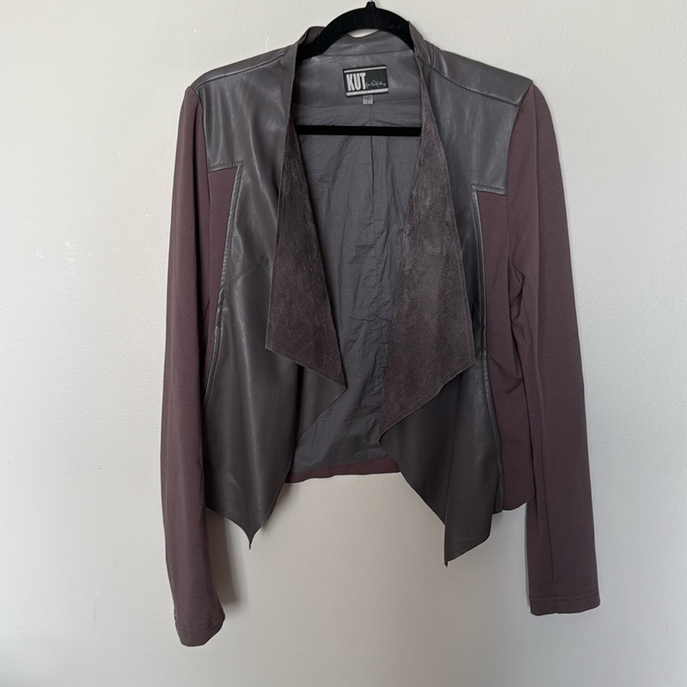 Kut from the Kloth Faux Leather Jacket Grey/Brown Sz Large Women’s EUC